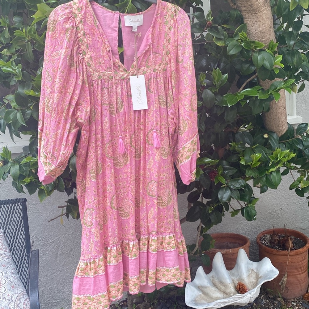 Cleobella pink block print mini dress with tassel neck ties and tied waist